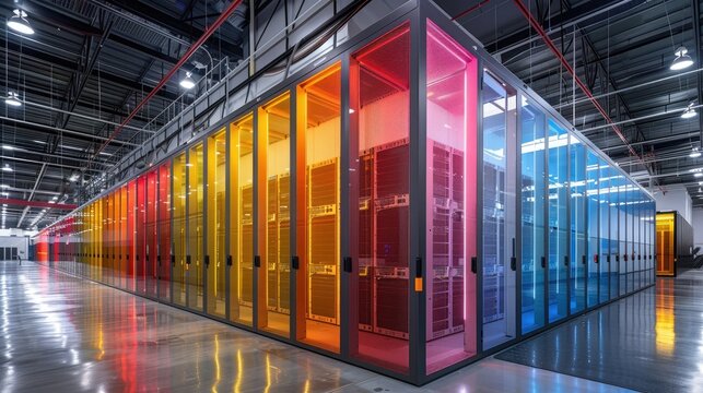 Colorful server racks in a modern data center.