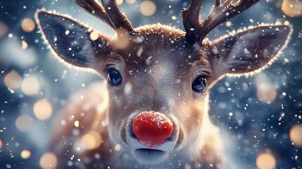  Close up of a cute little reindeer with a red nose and snowflakes.