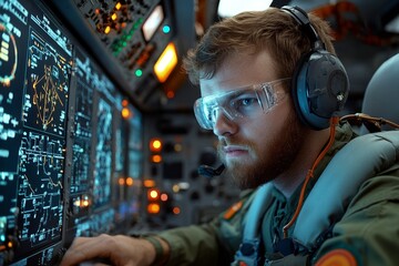 An aerospace engineer programming navigation systems for a spacecraft in a dimly lit control room