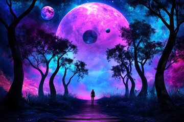 Obraz premium Fantasy adventurer crossing a mystical forest with glowing trees, floating orbs, and magical creatures in the distance