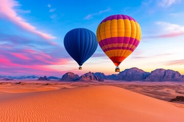 Hot air balloons floating over a vast desert at sunrise, symbolizing exploration and discovery