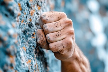 Hyper-realistic close-up of a climberâ€™s hand gripping a rocky ledge, with dirt, sweat, and tension captured in vivid detail