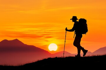 Minimalist silhouette of a hiker against a gradient sunset, capturing the essence of adventure