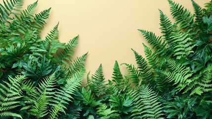 Lush green ferns against a soft yellow background, ideal for nature-themed designs.