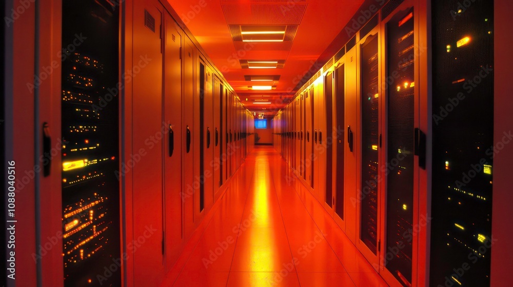 Poster a neat row of server racks in a dimly-lit data center, conveying the precision and orderliness of a 