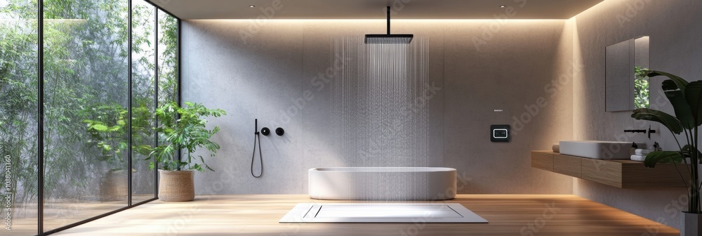 Aufkleber This luxurious bathroom showcases a sophisticated shower system with a touch panel for temperature adjustment, surrounded by greenery. Generative AI