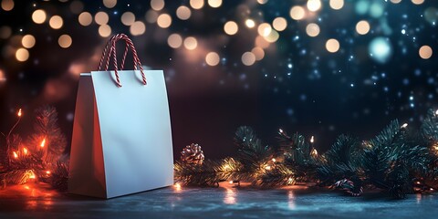 beige paper shopping bag with christmas decorations. Shopping concept. Sale and discount advertising banner, poster, flyer