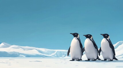 Obraz premium Penguins marching on icy landscape antarctica wildlife photography cold environment low angle nature's wonders