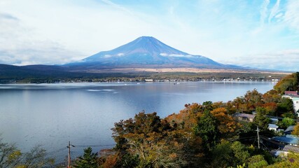 Drone shot of Lake Yamanaka and Mt. Fuji