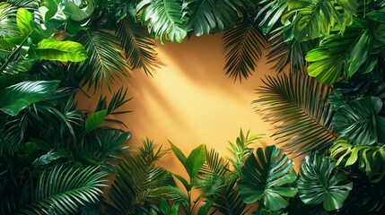 Lush green foliage framing a warm yellow background, creating a vibrant, tropical atmosphere.
