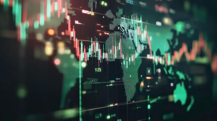 A world map with financial data overlaid on it, showing global stock market trends.