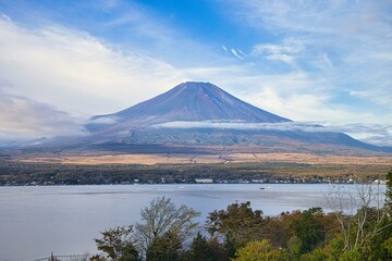 Drone shot of Lake Yamanaka and Mt. Fuji