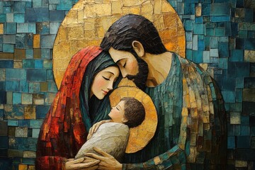 religious art, a distinctive artistic interpretation of the nativity scene captures the heartwarming bond of the holy family with simplicity and power