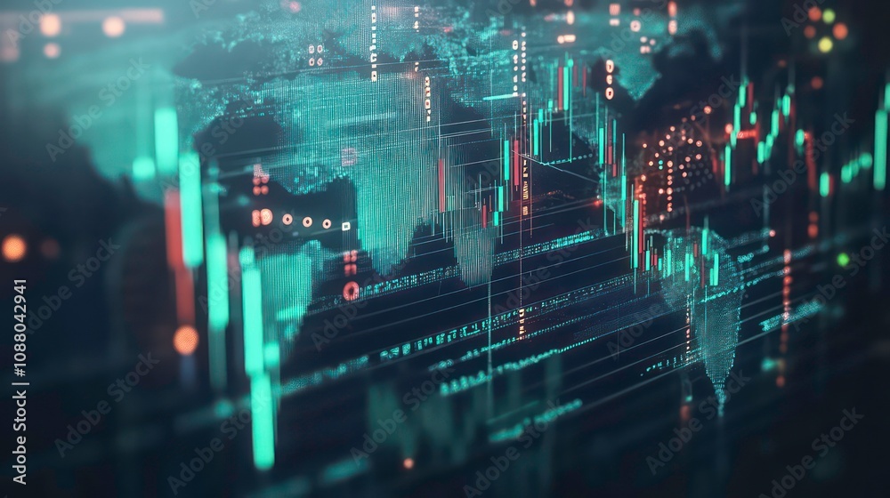 Poster a digital map of the world with data visualizations displaying stock market activity and trends.