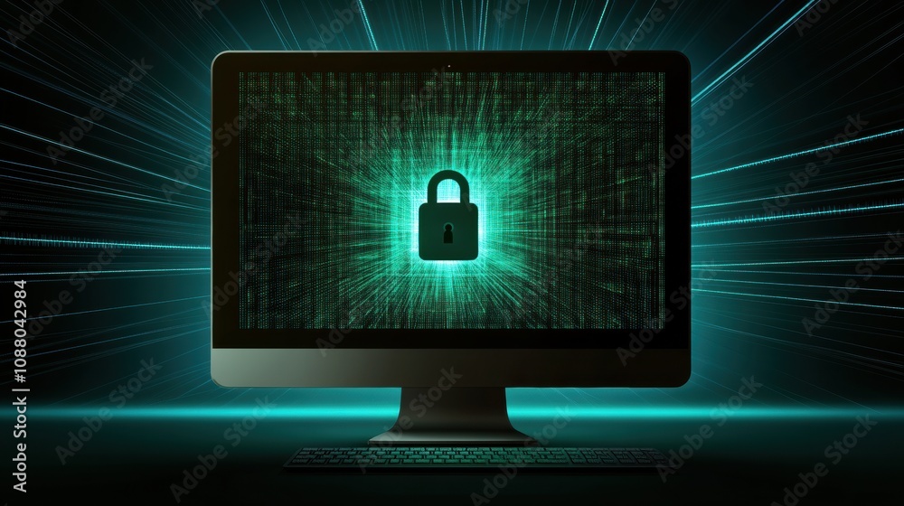 Fototapete a computer screen features a central lock icon against a glowing background, symbolizing cybersecuri