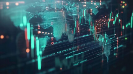 A digital map of the world with data visualizations displaying stock market activity and trends.