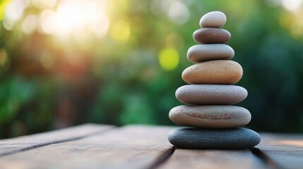 Obraz premium Zen Stones Stacked on Wooden Table with Blurred Green Background