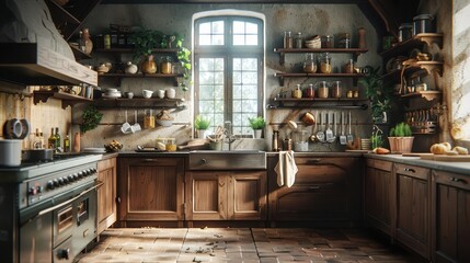 A cozy kitchen with wooden cabinets, shelves filled with jars and plants, and sunlight streaming through a large window.