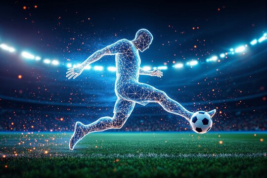 Futuristic Soccer Player Kicking a Ball in a Neon Stadium