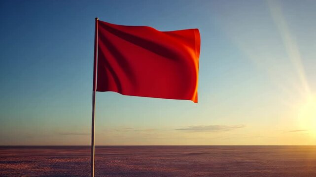 A red flag is flying in the sky above a vast, empty desert. The flag is waving in the wind, and the sky is clear and blue. Concept of freedom and adventure