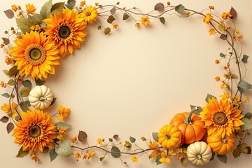 Obraz premium Autumn Harvest Frame with Sunflowers and Pumpkins