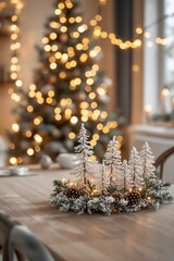 Cozy Holiday Table Centerpiece with Frosted Trees and Pine Cones Surrounded by Warm Fairy Lights