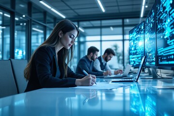 Young Professionals Collaborating on Digital Projects in Modern Office with High-Tech Displays