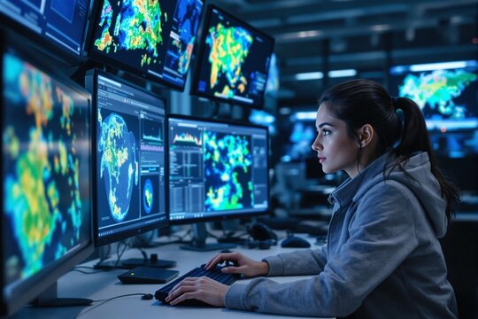 Focused Female Data Analyst Working on Multiple Monitors in a High-Tech Control Room