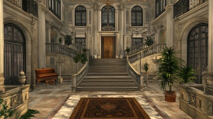Fototapeta premium Grand Mansion Interior: Majestic Staircase and Elegant Foyer