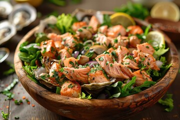 A vibrant salad featuring salmon and clams, garnished with fresh herbs and lemon, served in a rustic wooden bowl.