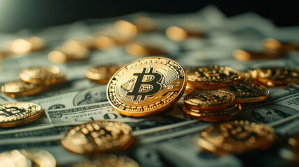 Golden Bitcoin coin on top of stack of cash, symbolizing wealth and investment. image captures essence of cryptocurrency and financial growth