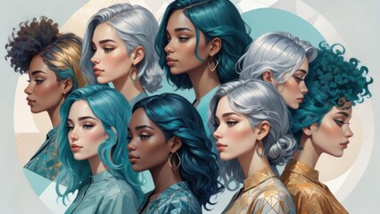 Fototapeta premium Diverse women in elegant geometric fashion and teal tones