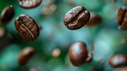 Obraz premium Macro photograph of coffee beans suspended mid-air showcasing intricate details and glossy textures ideal for use in premium coffee branding advertising or packaging design materials