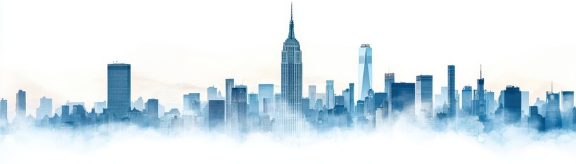 City skyline silhouette with iconic buildings in a blue misty atmosphere.
