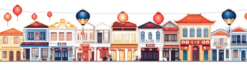 Fototapeta premium Colorful illustration of traditional buildings with lanterns in a vibrant street scene.