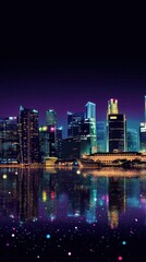 Obraz premium Vibrant city skyline at night with reflections on water and colorful lights.