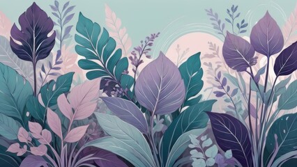 Elegant botanical illustration with pastel purple and teal leaves