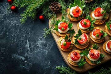 festive holiday spread, festive christmas appetizers beautifully displayed on a bamboo board with evergreen garlands, ideal for cheerful holiday messages