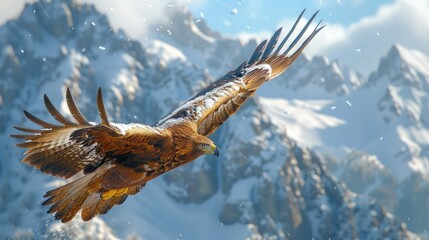 Golden eagle in flight over snow-capped mountains.