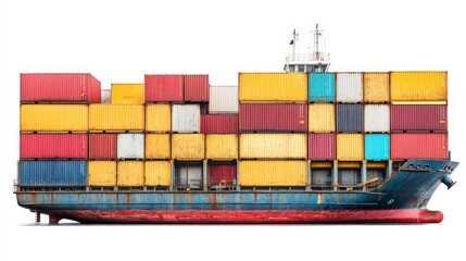 Obraz premium A cargo ship stacked with colorful shipping containers, isolated on a white background
