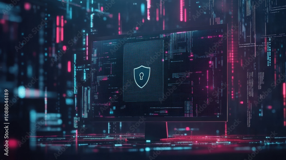 Aufkleber A computer screen features a shield and lock icon, representing internet security amidst a vibrant and data-rich digital background. Generative AI