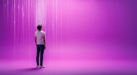 Caucasian man standing under shimmering lights in purple void