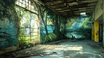 Nature Mural in an Abandoned Building