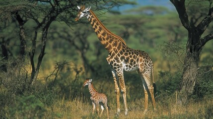 Obraz premium African Giraffe and Calf in Savannah
