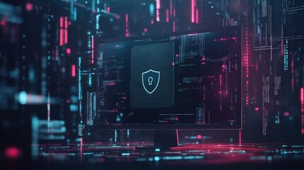 Obraz premium A computer screen features a shield and lock icon, representing internet security amidst a vibrant and data-rich digital background. Generative AI