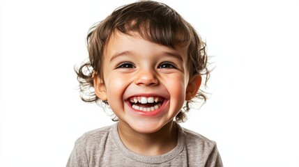 A child giving a big smile with missing teeth, showing pure joy, isolated on a white background