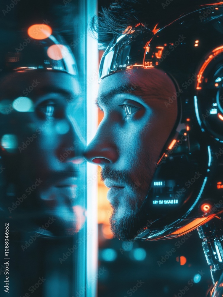 Leinwandbilder A person examines a digital mirror, where a high-tech robot reflection stares back, illuminated by neon lights in a dark setting. Generative AI
