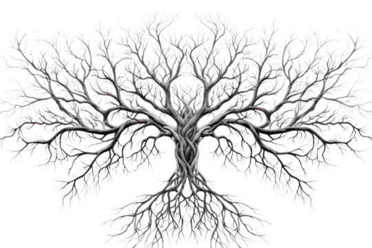 Artistic representation of a tree of life with roots and branches forming a continuous loop symbolizing eternity and growth isolated on white background