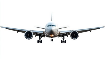 Obraz premium A commercial airplane with its landing gear down, isolated on a white background