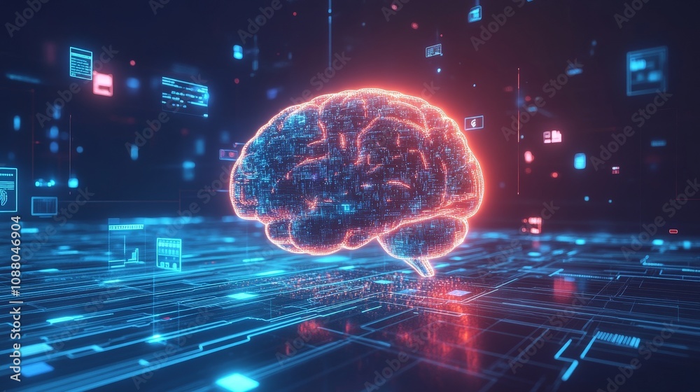 Poster a conceptual ai brain, glowing with data streams, surrounded by icons showing personalized user reco